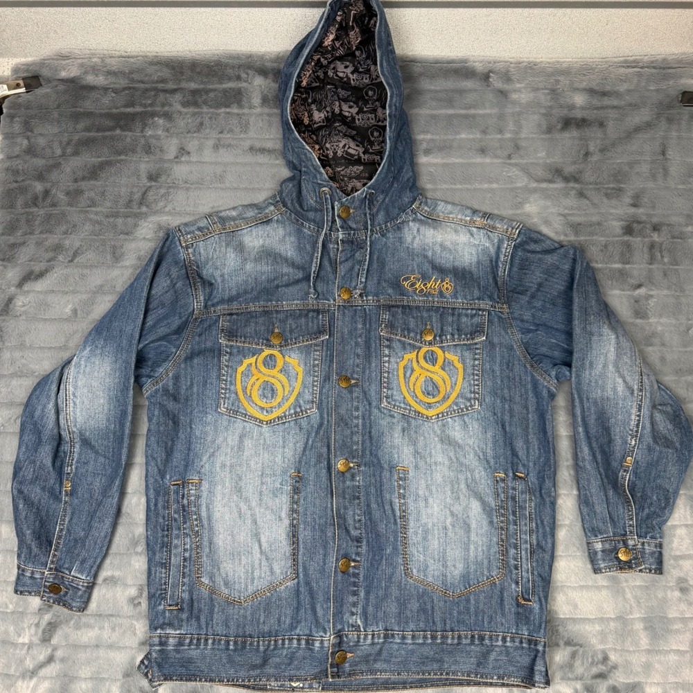 Eight 732 Motor Club Denim Hooded Jacket Mens 2XL Blue Embroidered Biker 8732